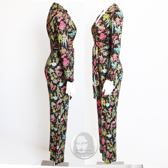 Diane Von Furstenberg Wrap Blouse & Pants 2pc Set Black Floral Print Vintage HTF - Picture 6 of 9